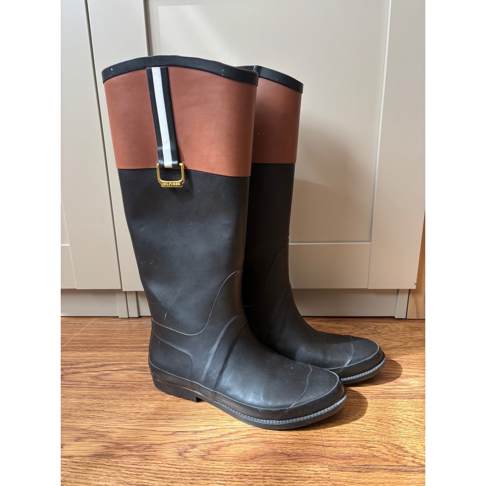 Tommy Hilfiger Viktoria Rain Boots Black Brown Colorblock Equestrian Tall Size 7